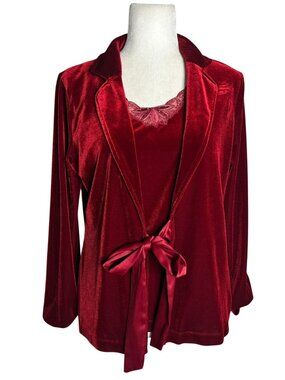 Vintage Y2K Velvet Jacket Camisole One Piece Med Red Satin Tie Beaded Applique